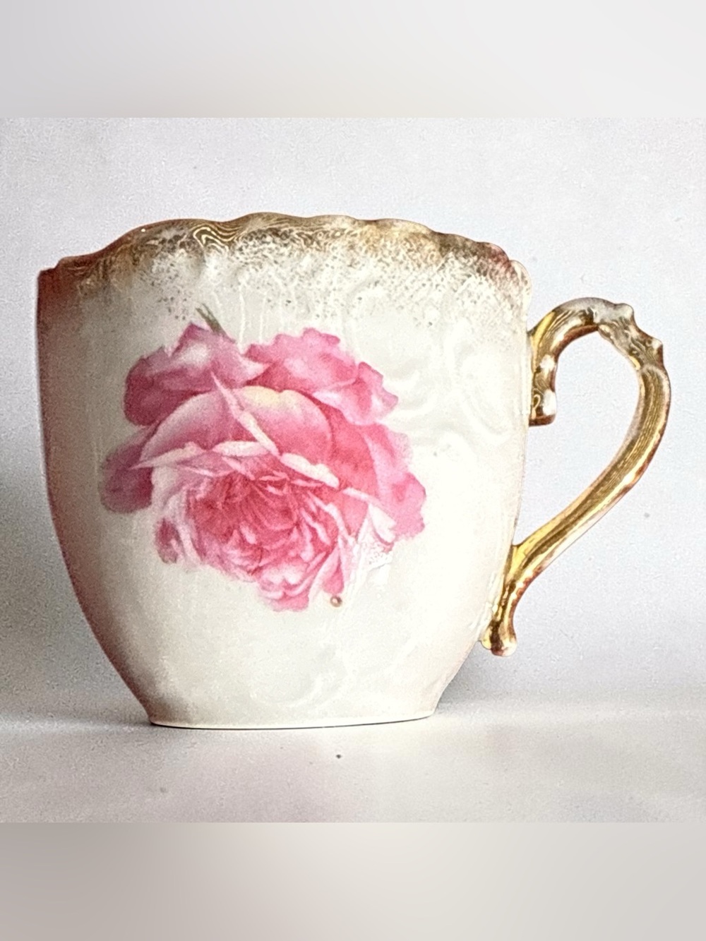 Antique Wheelock Germany Mustache Cup Pink Rose Heavy Gold Gilt Porcelain c1900